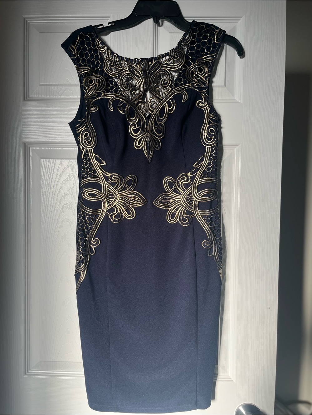 Elegant Navy Dress with Gold Embroidery - Sleeveless Sheath